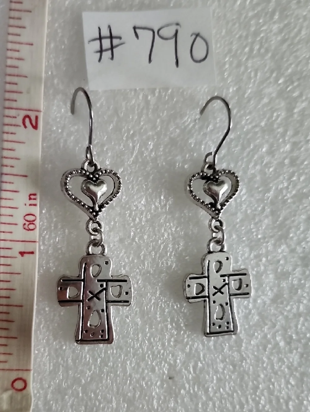 Hand Crafted Silver Heart & Cross Dangle Earrings